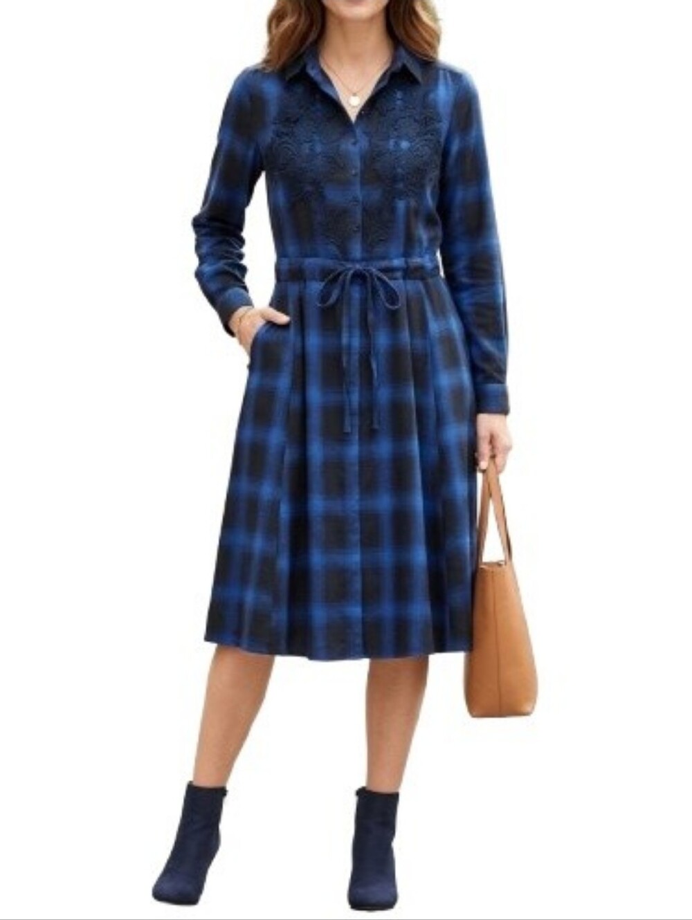 Suzanne Betro Tartan Plaid Dress Fit & Flare Blue Black Applique Midi Cotton